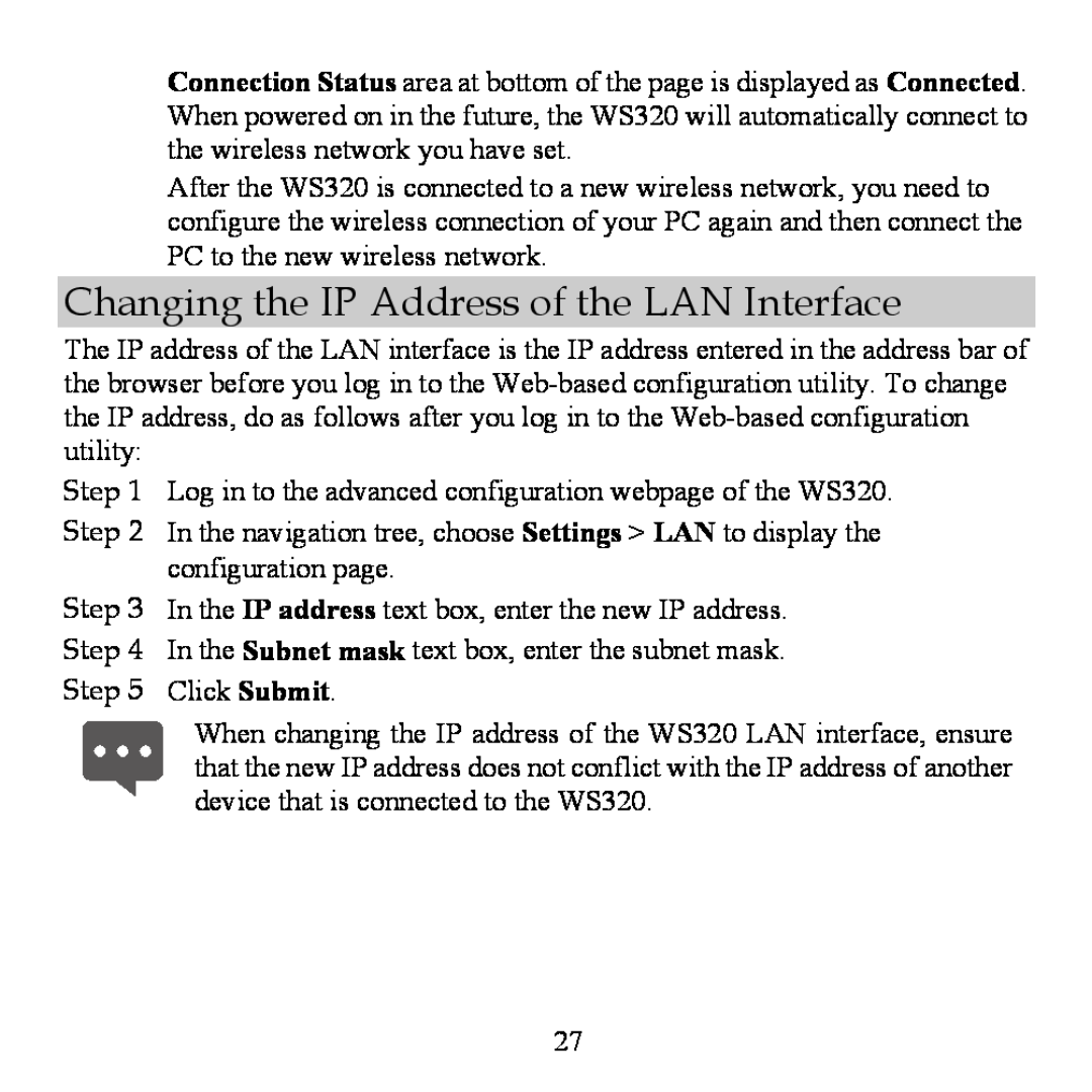 Huawei WS320 manual Changing the IP Address of the LAN Interface 