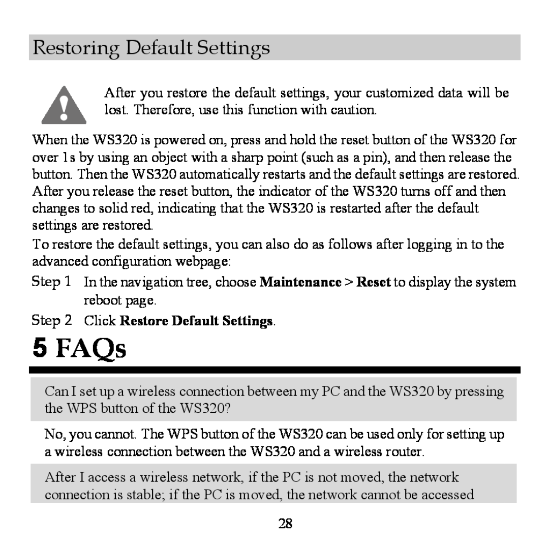 Huawei WS320 manual 5FAQs, Restoring Default Settings 