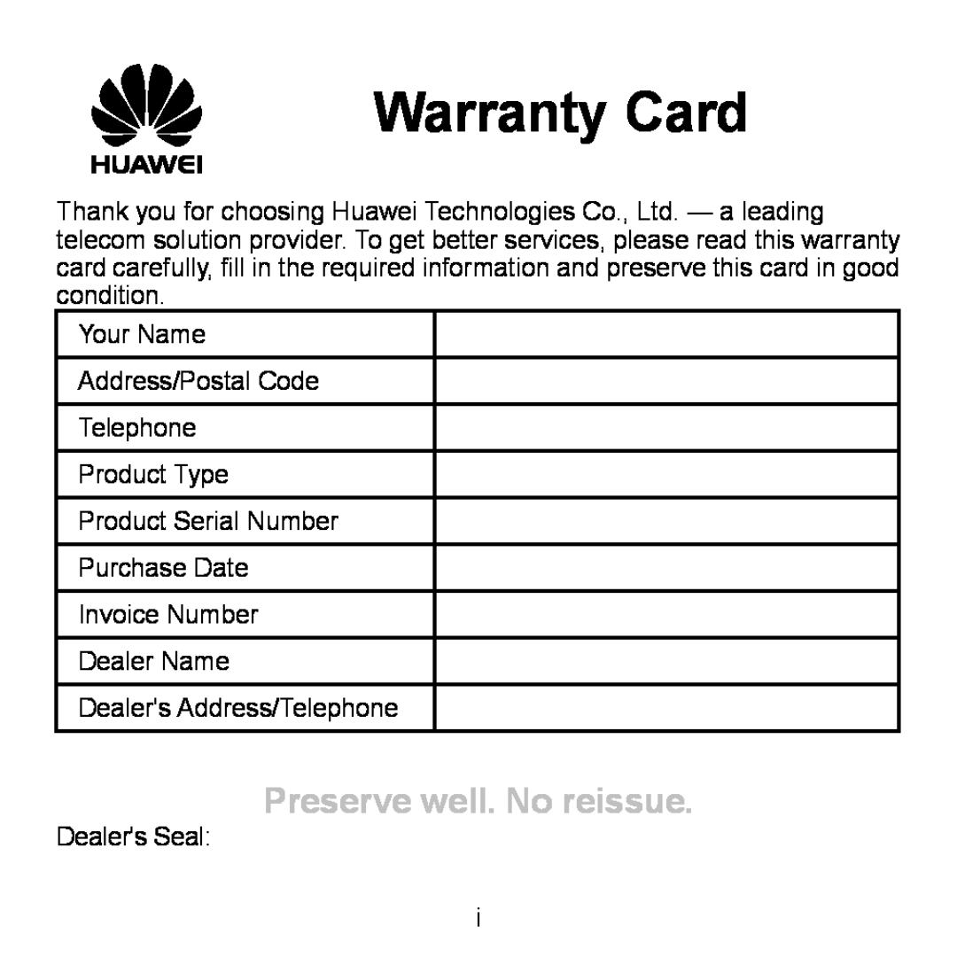 Huawei WS320 manual Warranty Card, Preserve well. No reissue 