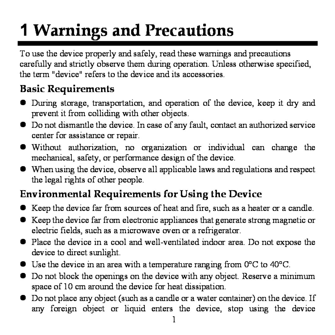 Huawei WS320 manual Warnings and Precautions, Basic Requirements, Environmental Requirements for Using the Device 
