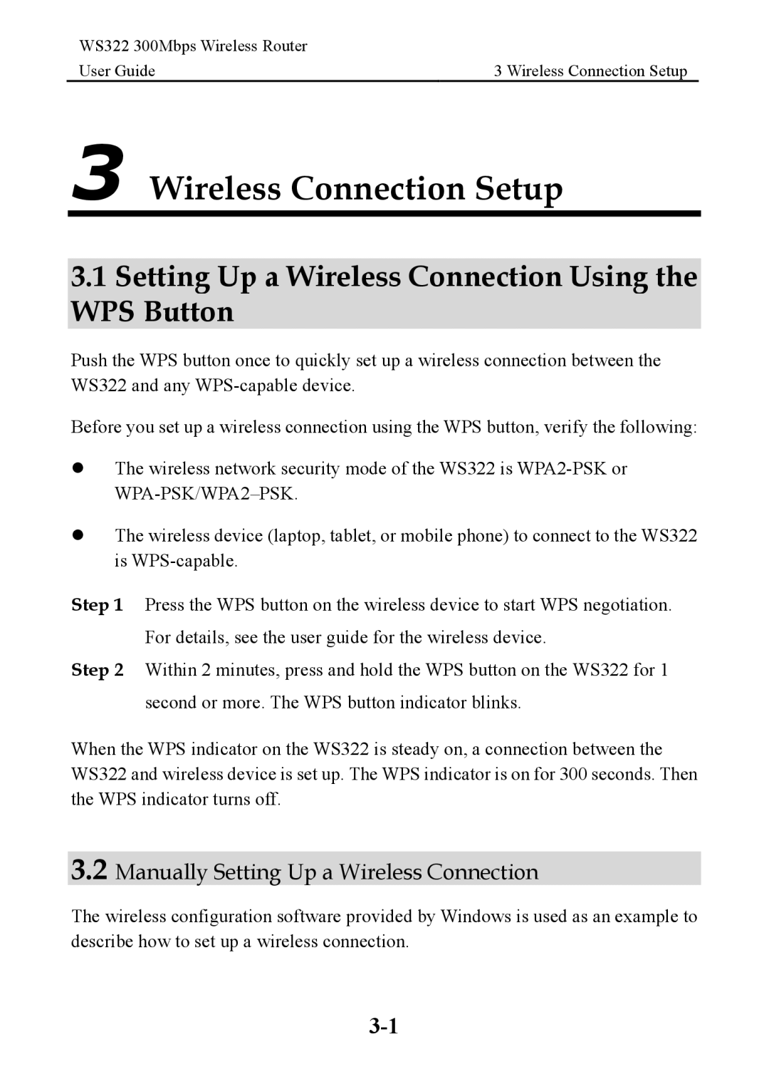 Huawei WS322 manual Wireless Connection Setup, Setting Up a Wireless Connection Using the WPS Button 