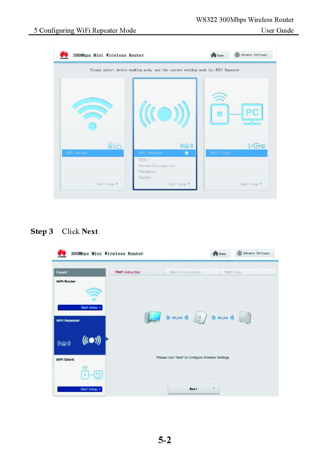 Huawei WS322 manual Configuring WiFi Repeater Mode User Guide 