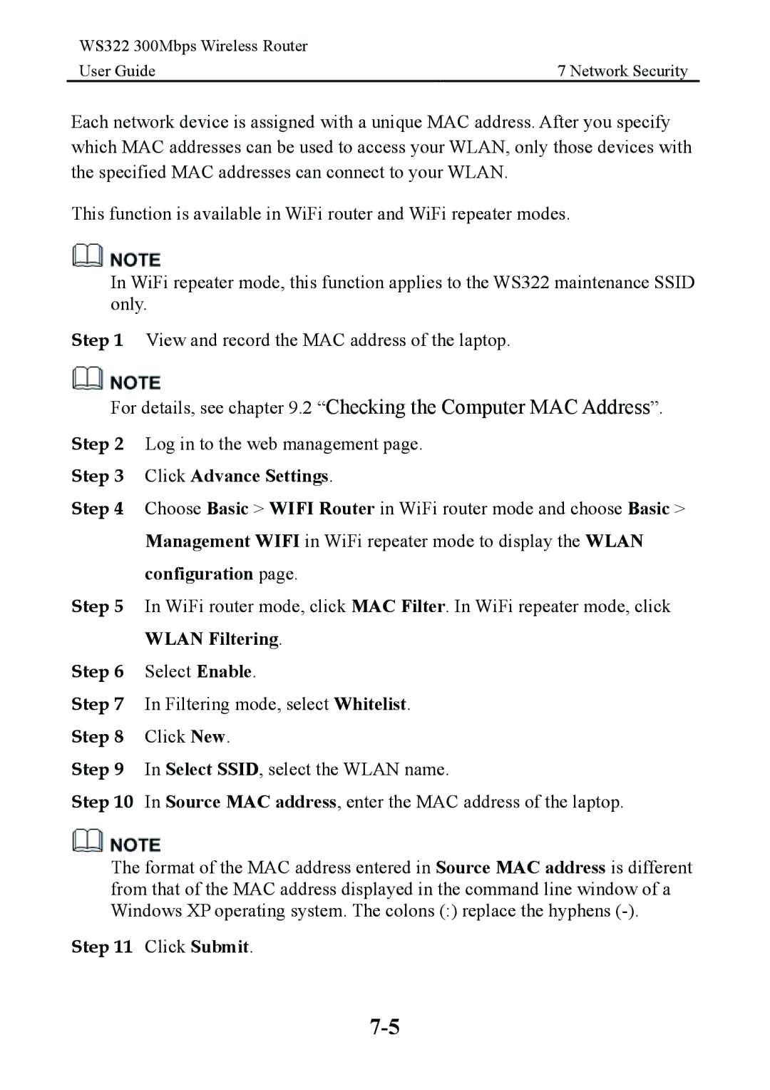 Huawei WS322 manual Configuration, Wlan Filtering 