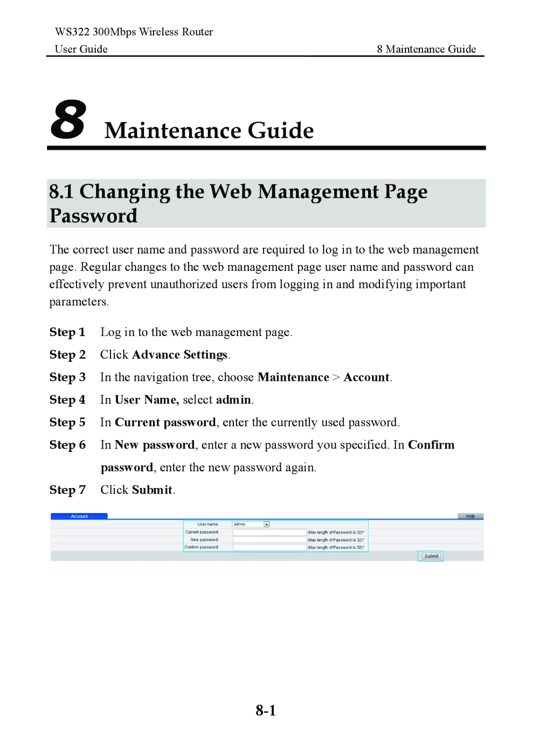 Huawei WS322 manual Maintenance Guide, Changing the Web Management Page Password 