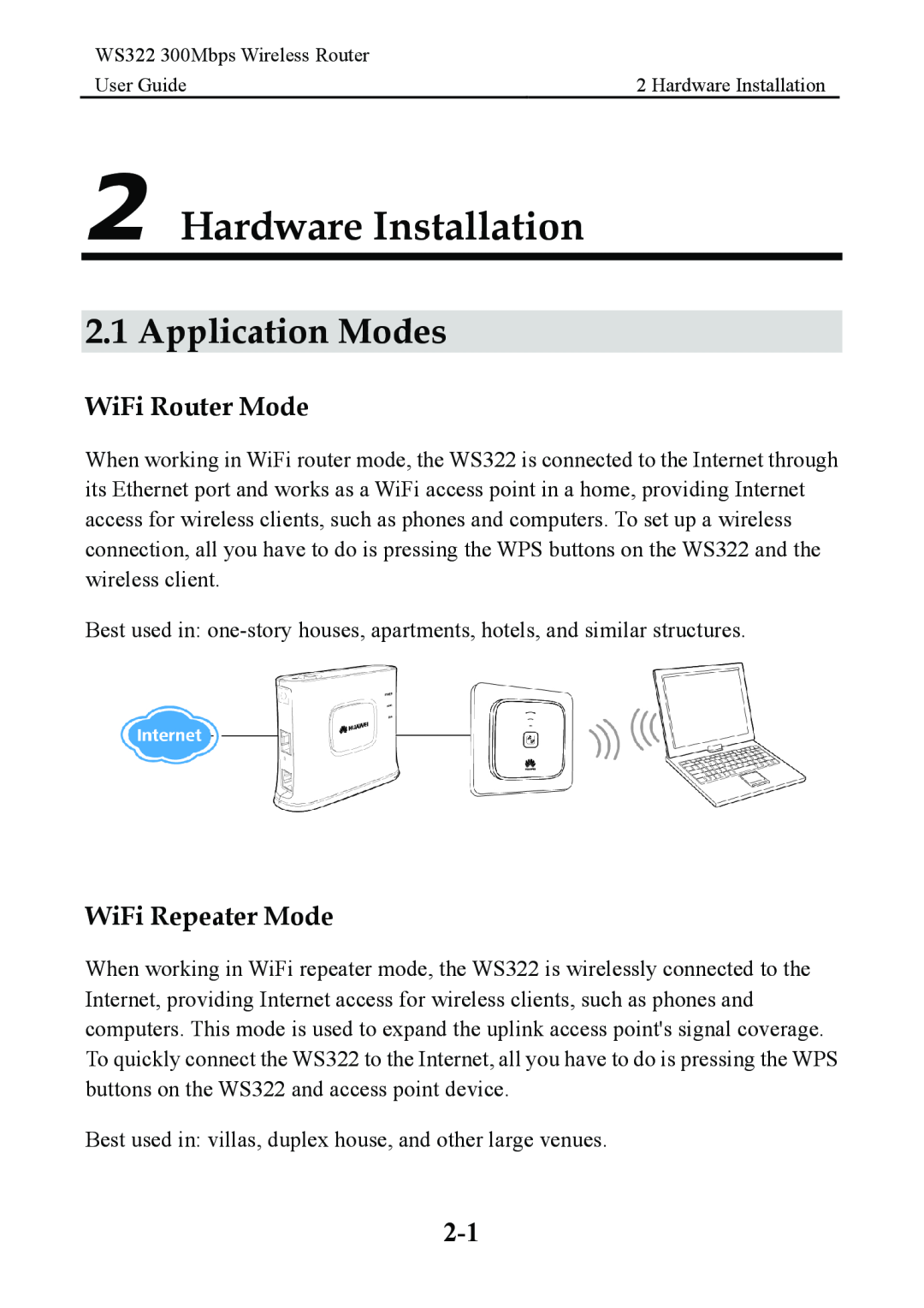Huawei WS322 manual Hardware Installation, Application Modes, WiFi Router Mode, WiFi Repeater Mode 