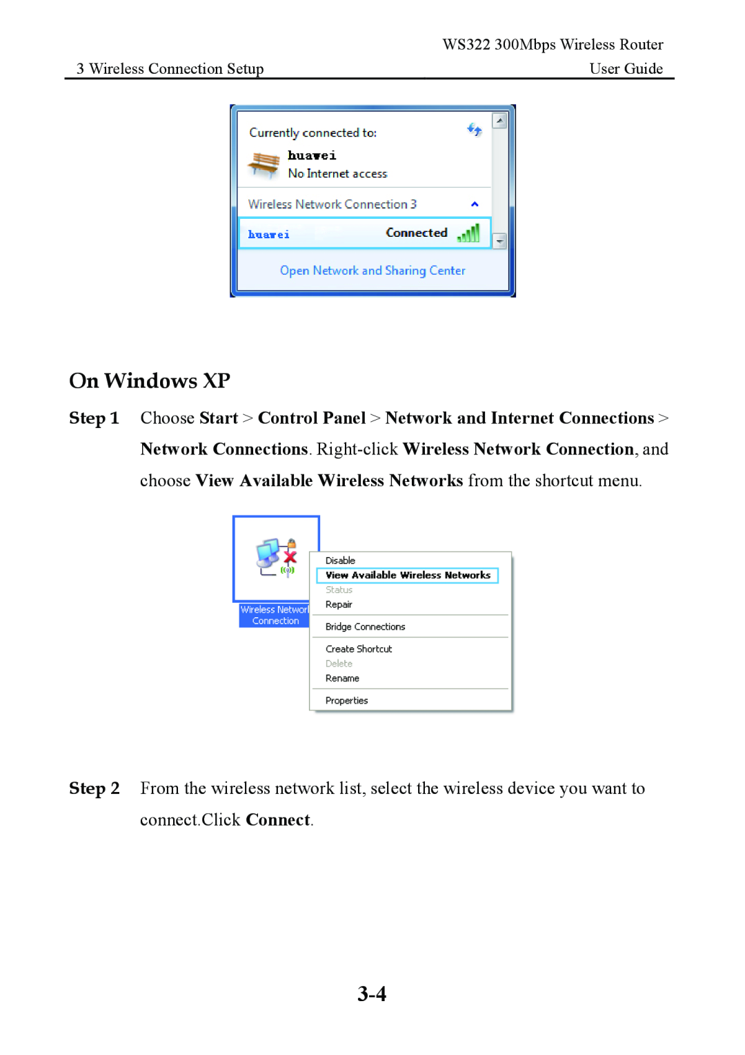 Huawei manual On Windows XP, Wireless Connection Setup, User Guide, WS322 300Mbps Wireless Router 