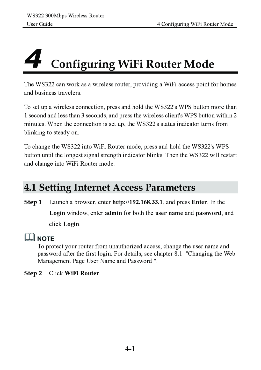 Huawei WS322 manual Configuring WiFi Router Mode, Setting Internet Access Parameters, Click WiFi Router 
