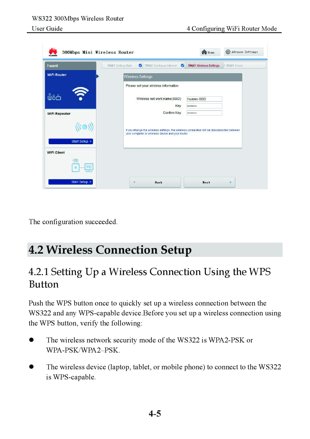 Huawei WS322 manual Wireless Connection Setup, Setting Up a Wireless Connection Using the WPS Button 