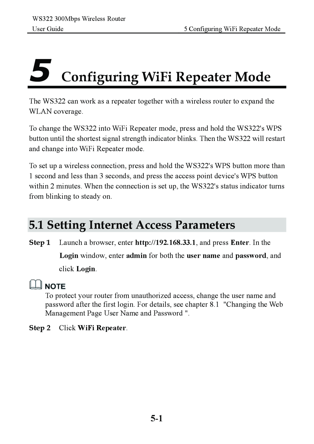 Huawei WS322 manual Configuring WiFi Repeater Mode, Setting Internet Access Parameters, Click WiFi Repeater 