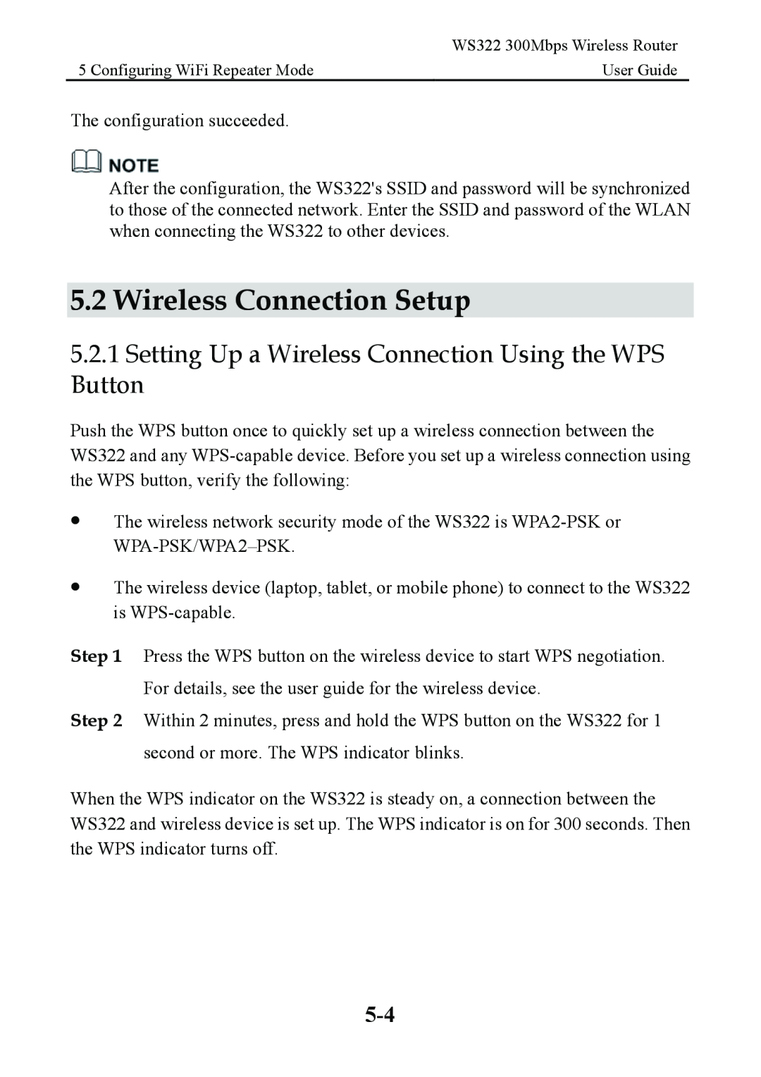 Huawei WS322 manual Wireless Connection Setup, Setting Up a Wireless Connection Using the WPS Button 
