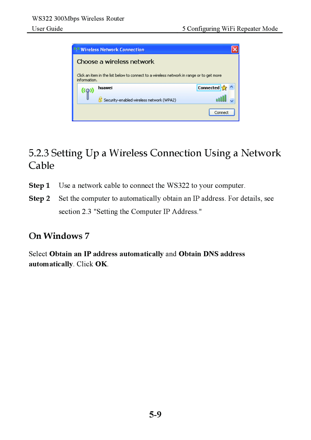 Huawei Setting Up a Wireless Connection Using a Network Cable, On Windows, WS322 300Mbps Wireless Router, User Guide 