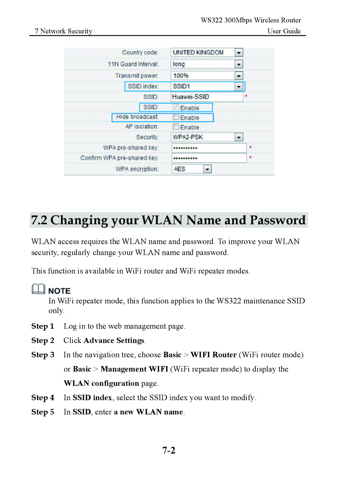 Huawei WS322 manual Changing your WLAN Name and Password, WLAN configuration page 