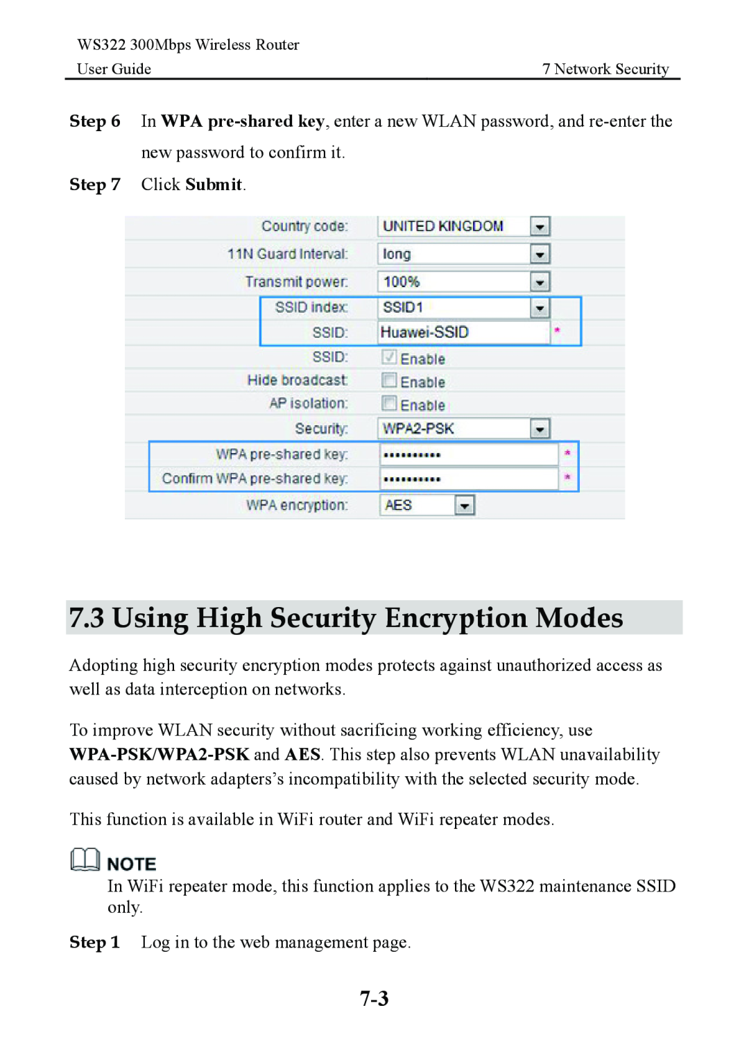 Huawei WS322 manual Using High Security Encryption Modes, Click Submit 