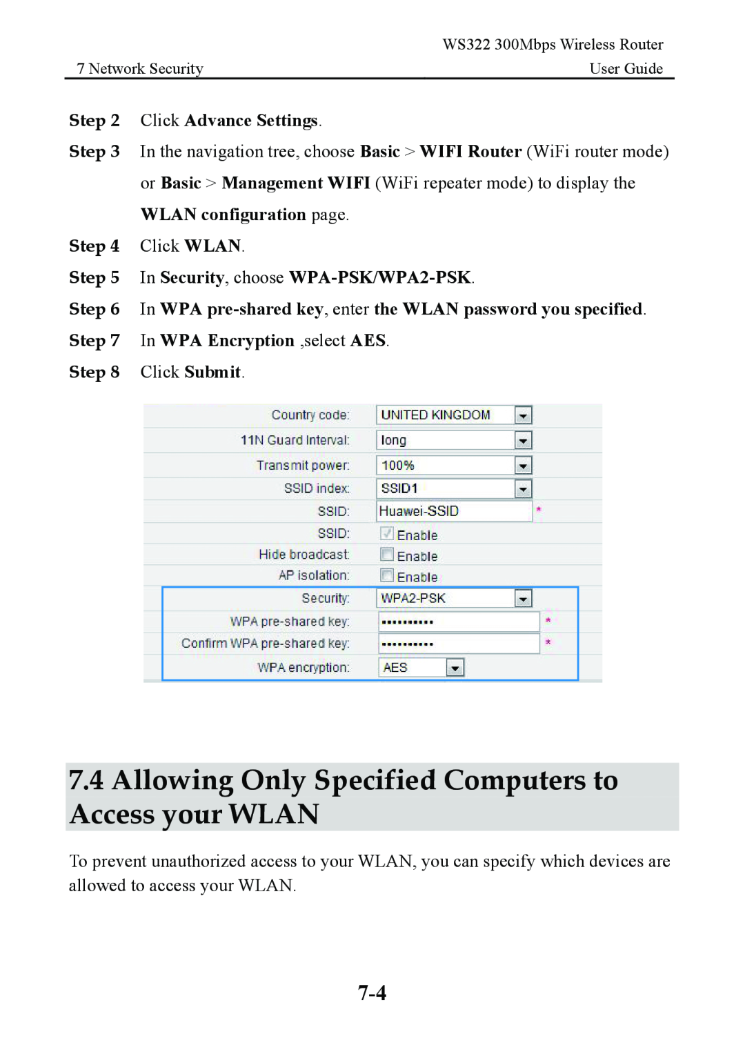 Huawei WS322 manual Allowing Only Specified Computers to Access your WLAN, Click Advance Settings, Click Submit 