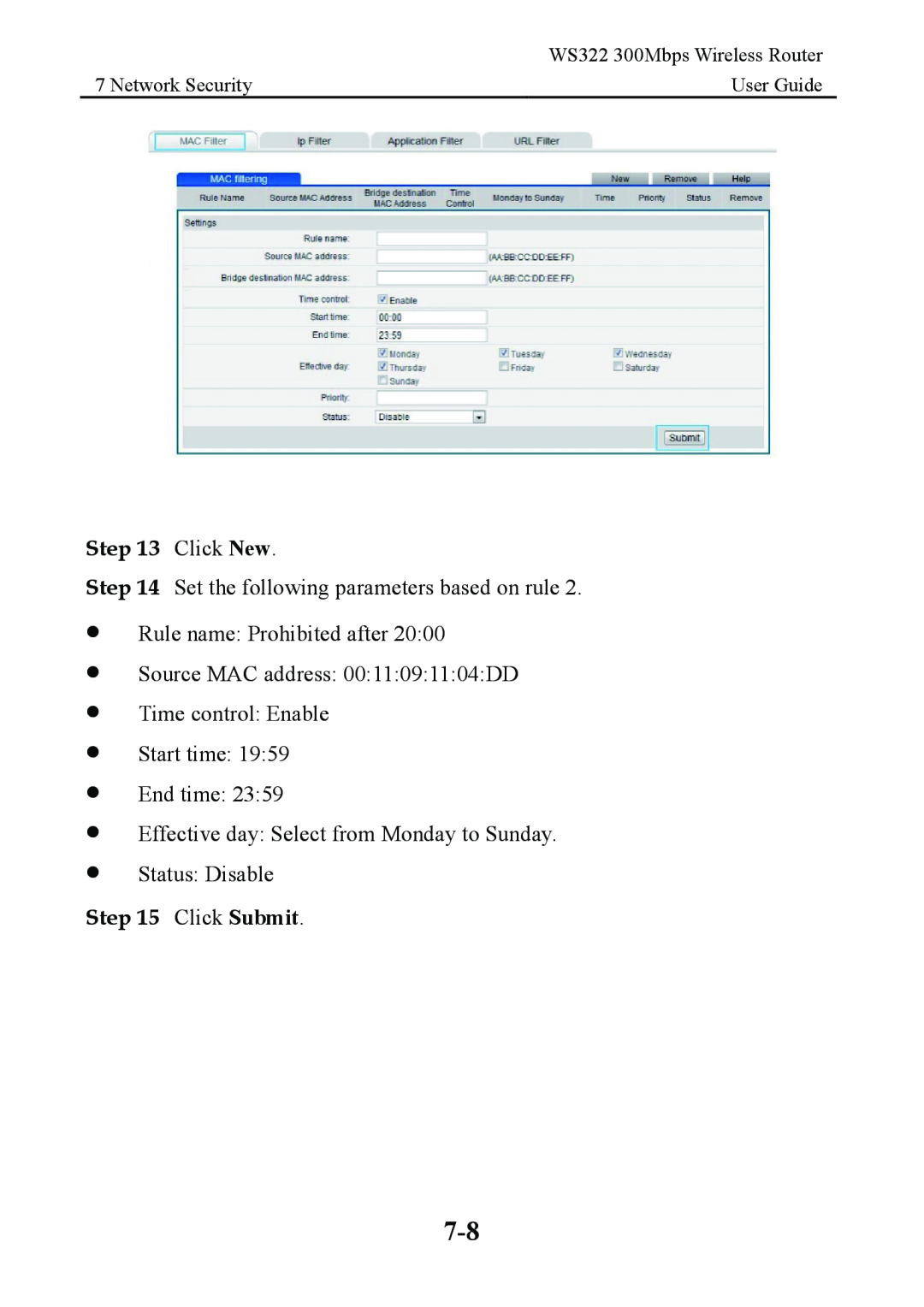 Huawei manual Click New, Click Submit, Network Security, User Guide, WS322 300Mbps Wireless Router 