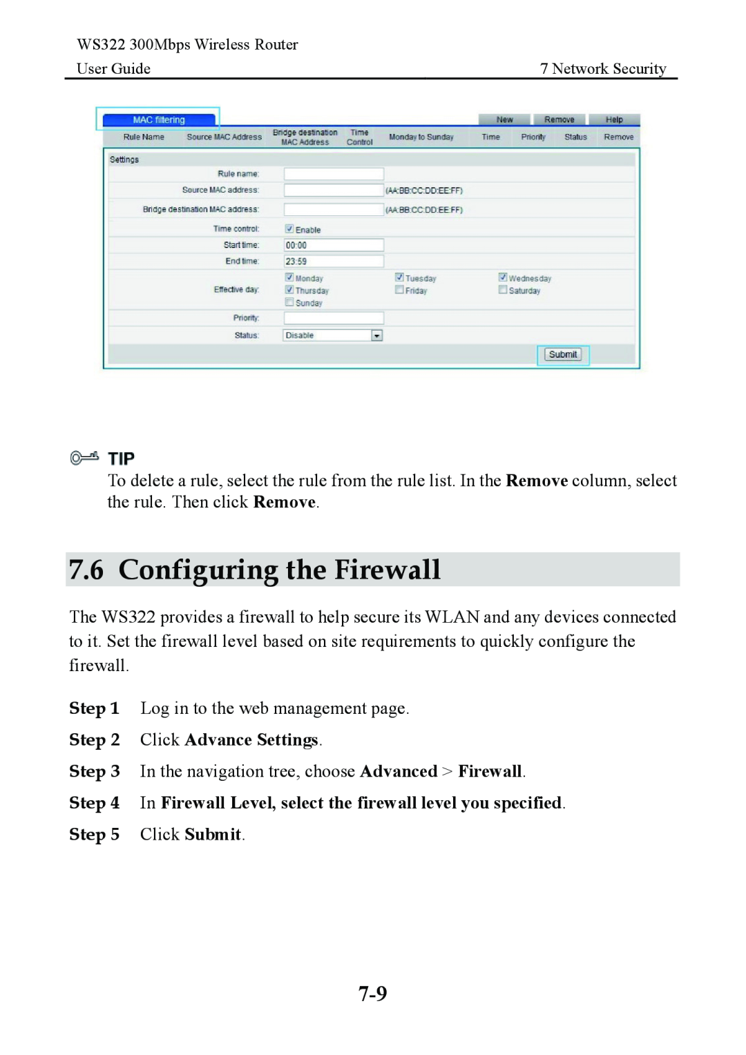 Huawei WS322 Configuring the Firewall, Click Advance Settings, In Firewall Level, select the firewall level you specified 