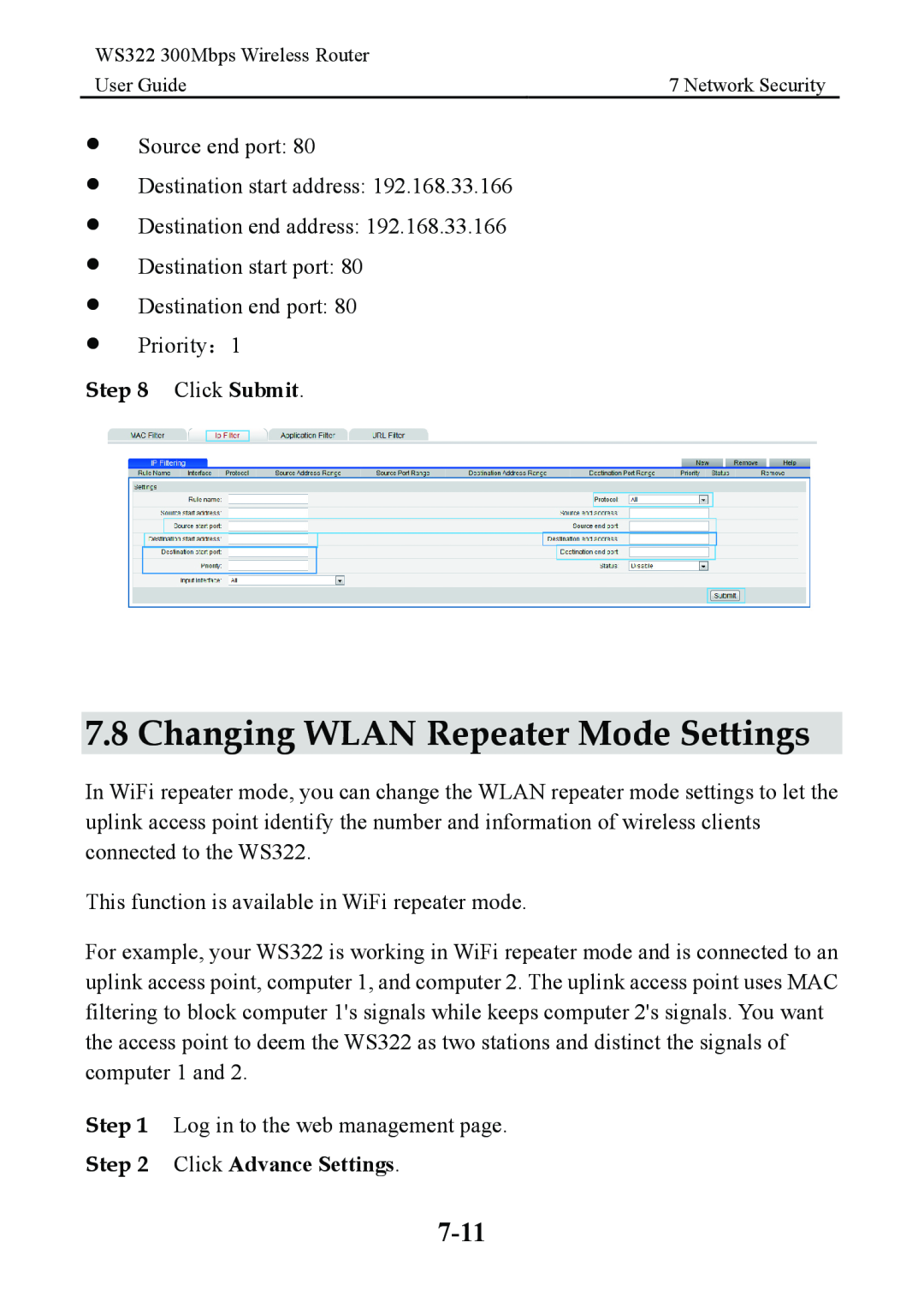 Huawei WS322 manual Changing WLAN Repeater Mode Settings, 7-11, Click Submit, Click Advance Settings 
