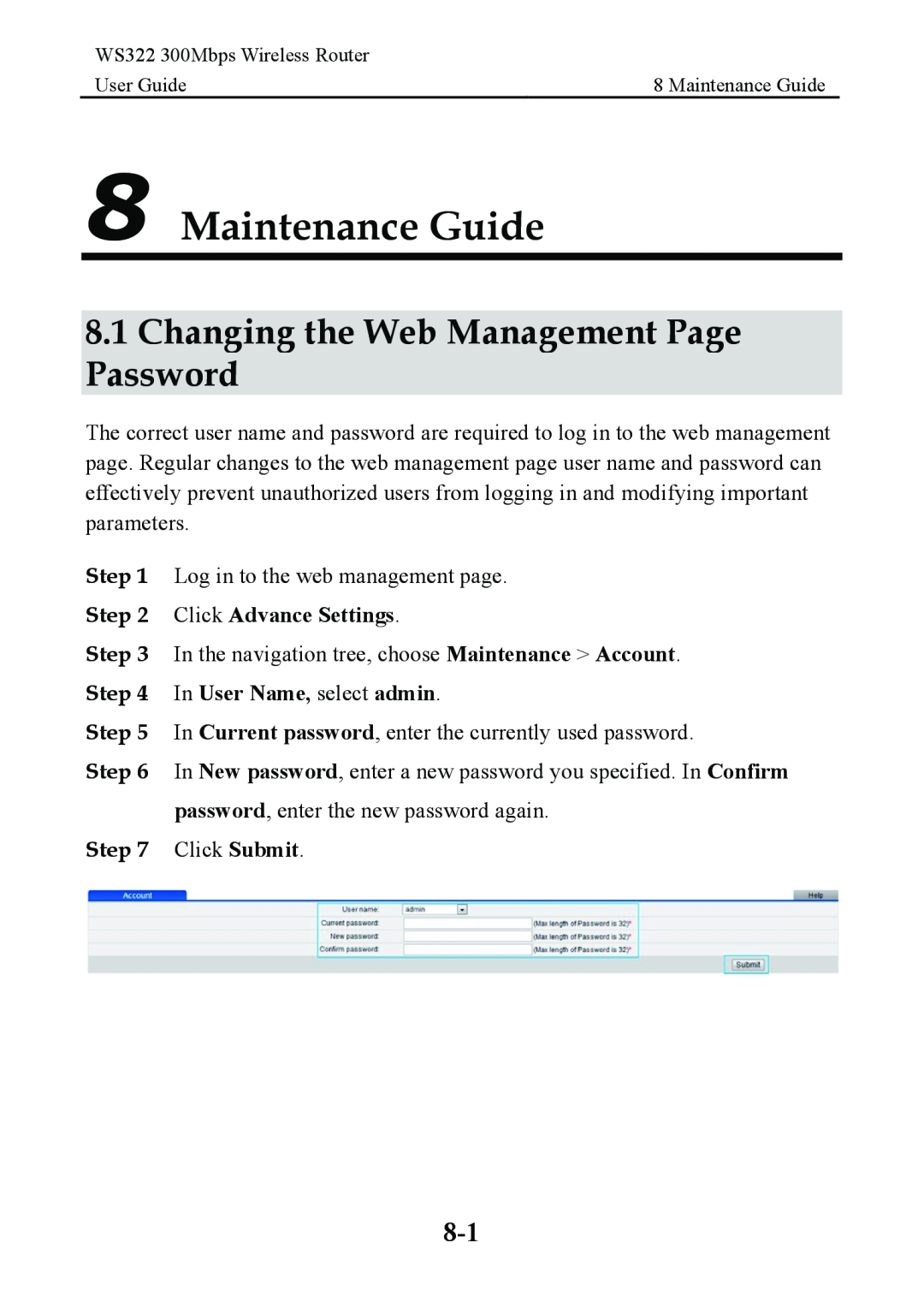 Huawei WS322 manual Maintenance Guide, Changing the Web Management Page Password, Click Submit 