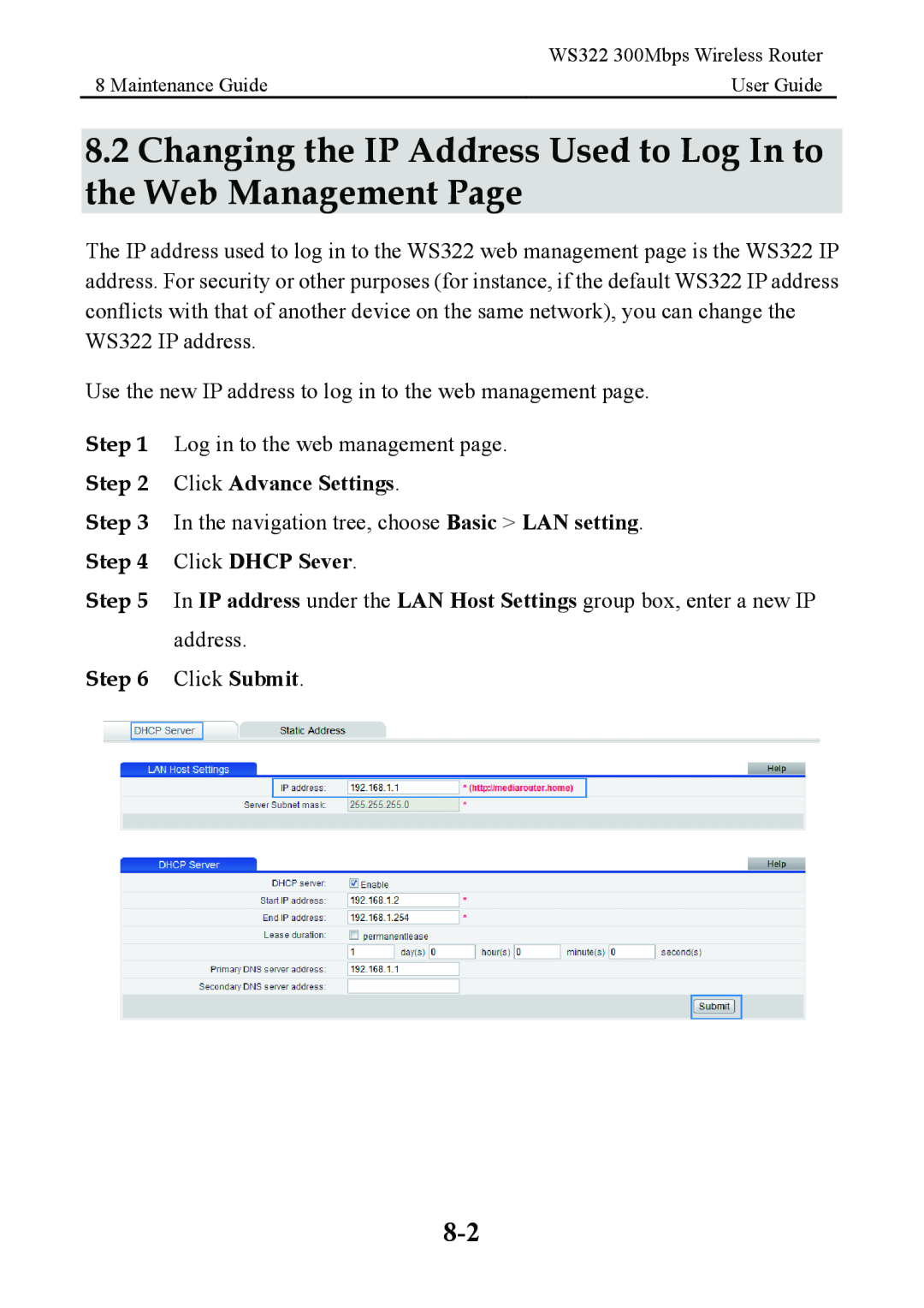 Huawei WS322 manual Changing the IP Address Used to Log In to the Web Management Page, Click Submit 