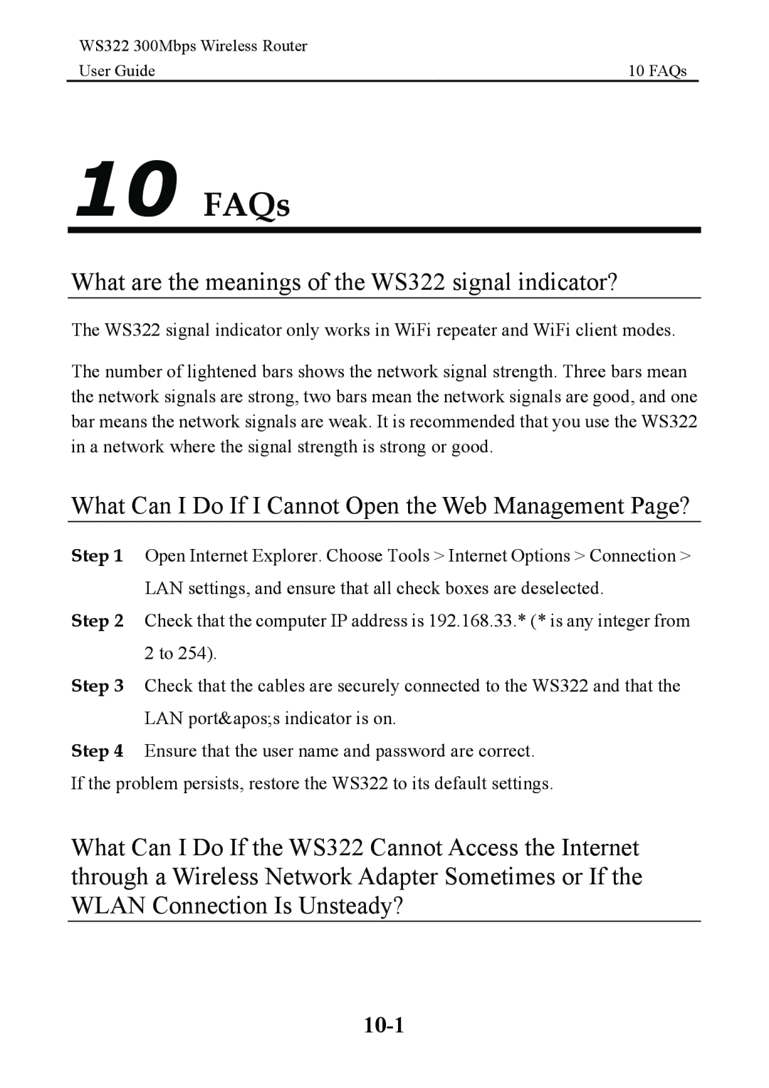 Huawei manual FAQs, What are the meanings of the WS322 signal indicator?, 10-1 