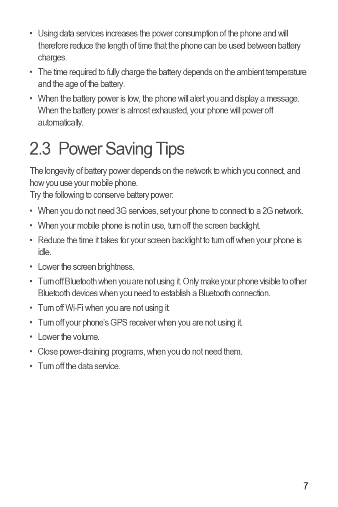 Huawei Y210 manual Power Saving Tips 