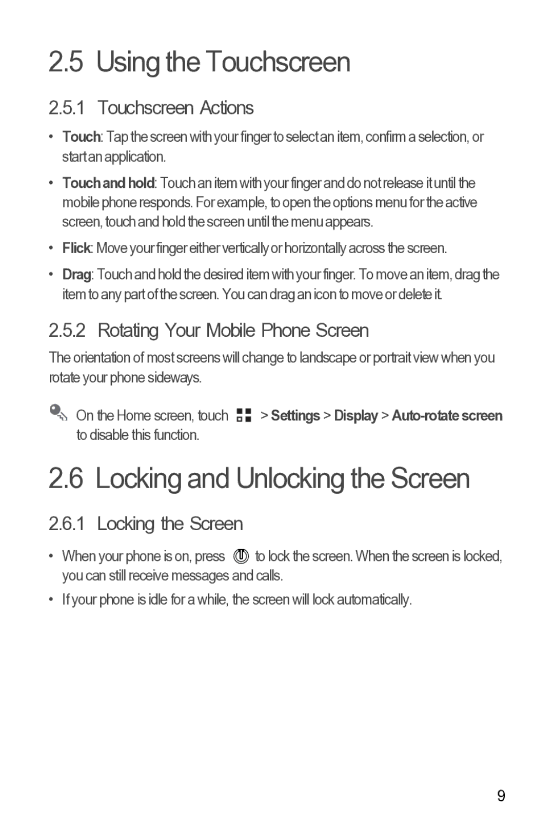 Huawei Y210 manual Using the Touchscreen, Locking and Unlocking the Screen, Touchscreen Actions, Locking the Screen 