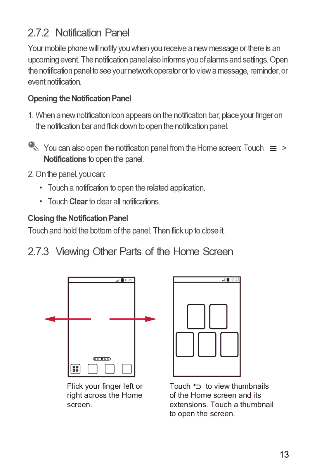 Huawei Y210 Viewing Other Parts of the Home Screen, Opening the Notification Panel, Closing the Notification Panel 