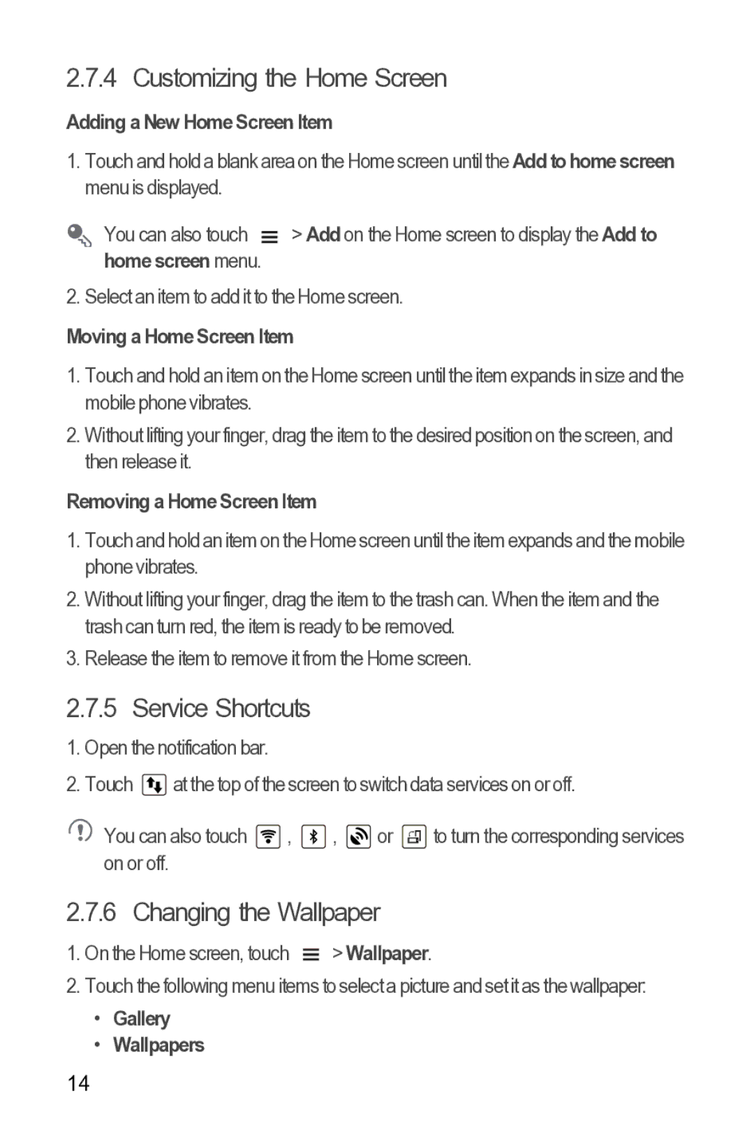 Huawei Y210 manual Customizing the Home Screen, Service Shortcuts, Changing the Wallpaper 