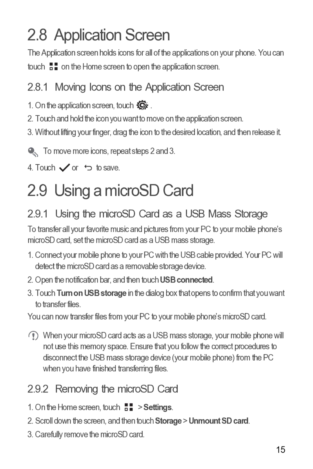 Huawei Y210 Using a microSD Card, Moving Icons on the Application Screen, Using the microSD Card as a USB Mass Storage 