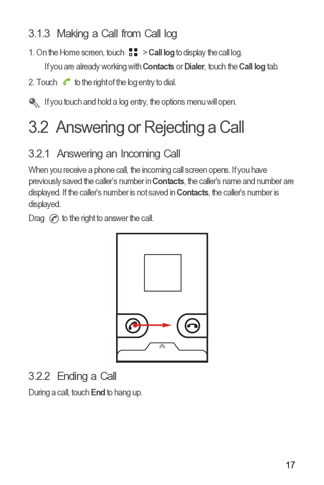 Huawei Y210 manual Answering or Rejecting a Call, Making a Call from Call log, Answering an Incoming Call, Ending a Call 