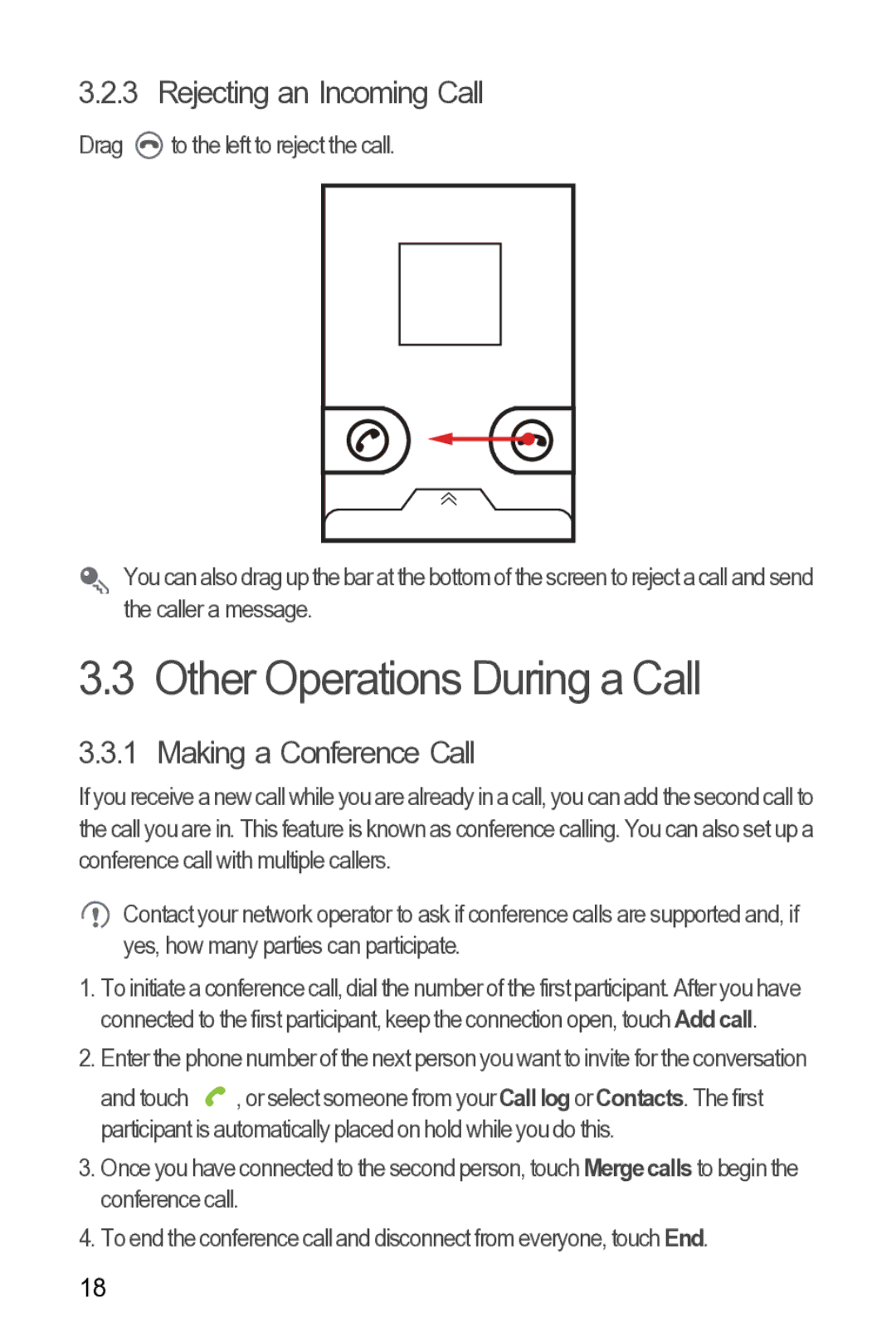 Huawei Y210 manual Other Operations During a Call, Rejecting an Incoming Call, Making a Conference Call 