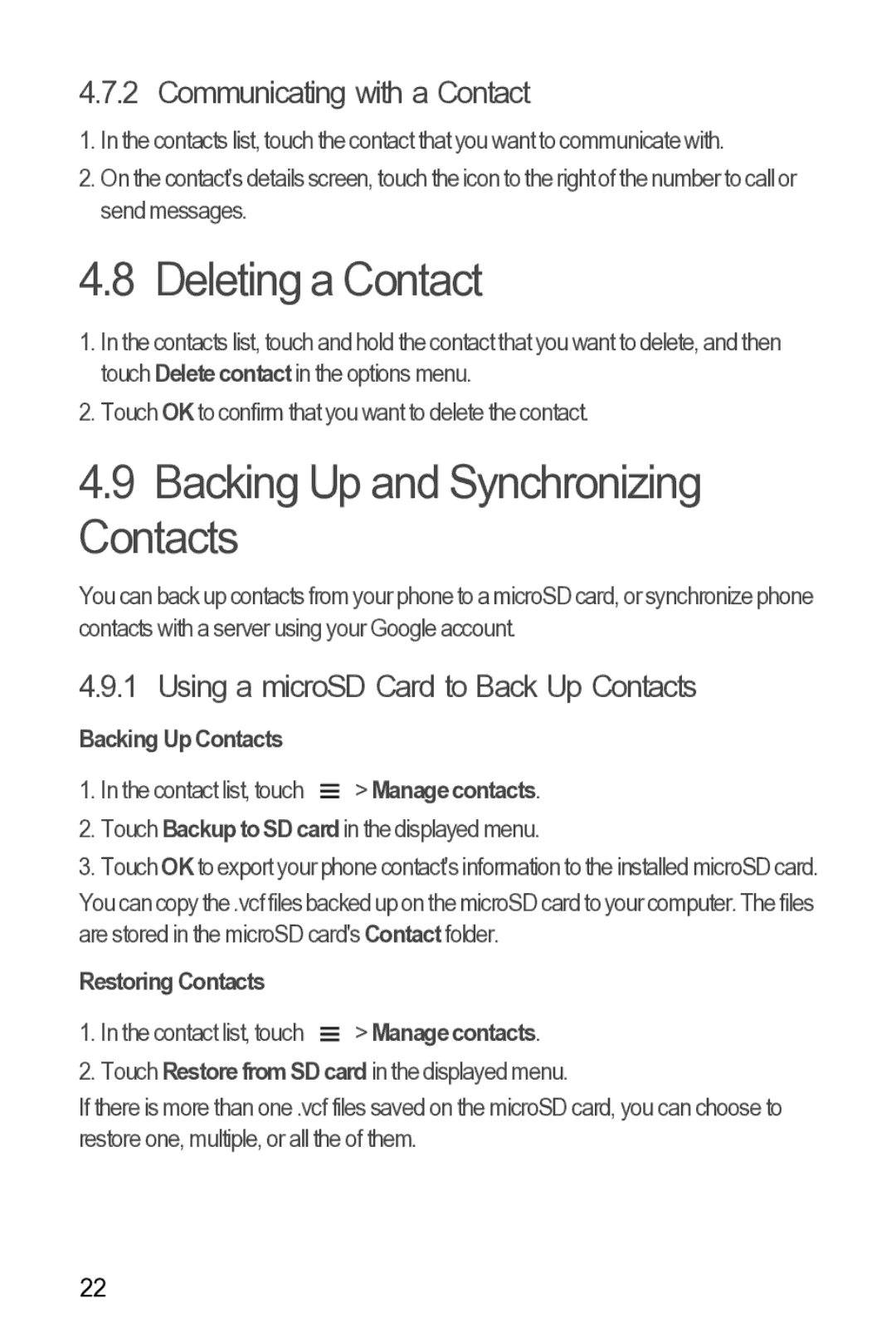 Huawei Y210 manual Deleting a Contact, Backing Up and Synchronizing Contacts, Communicating with a Contact 