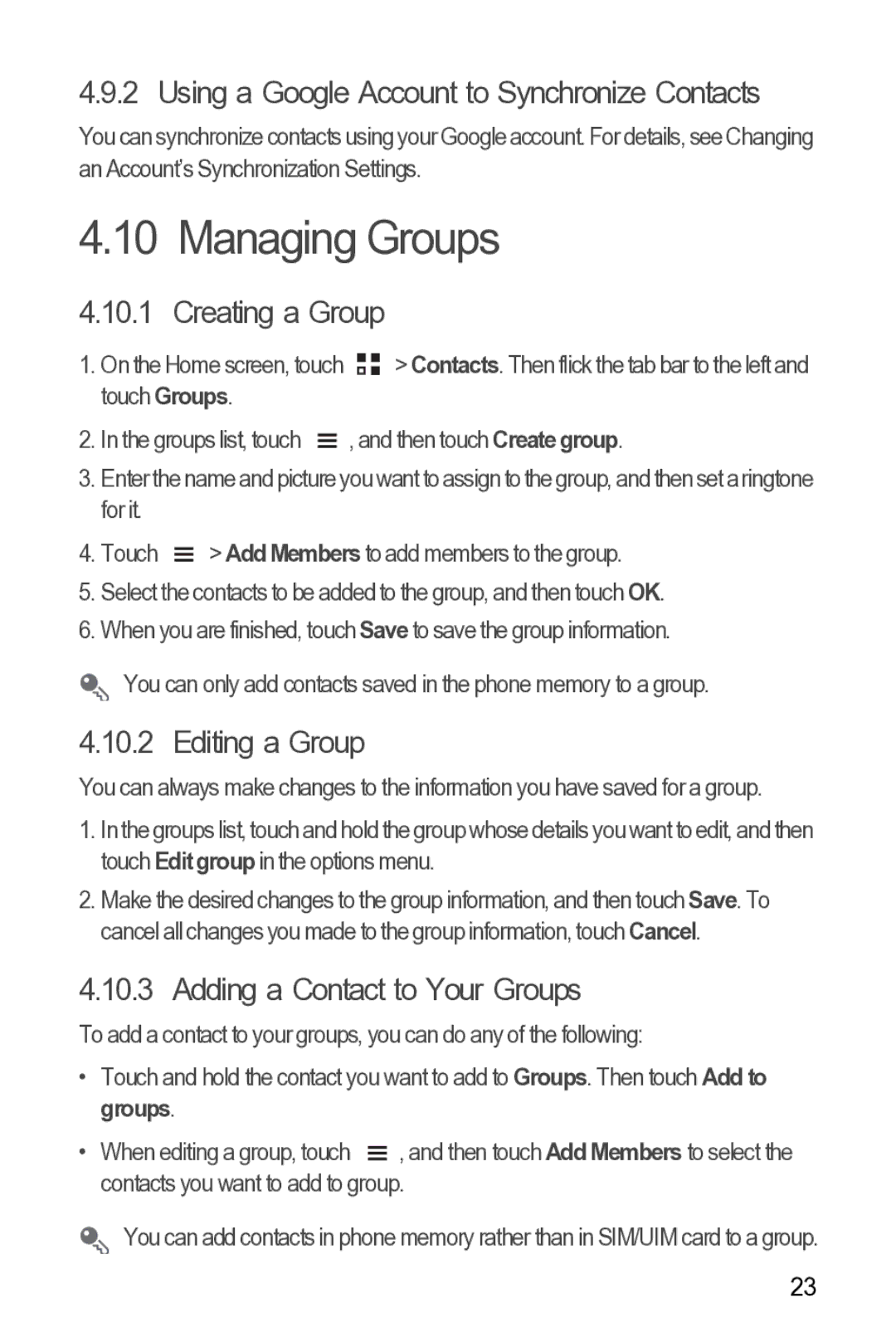 Huawei Y210 manual Managing Groups, Using a Google Account to Synchronize Contacts, Creating a Group, Editing a Group 