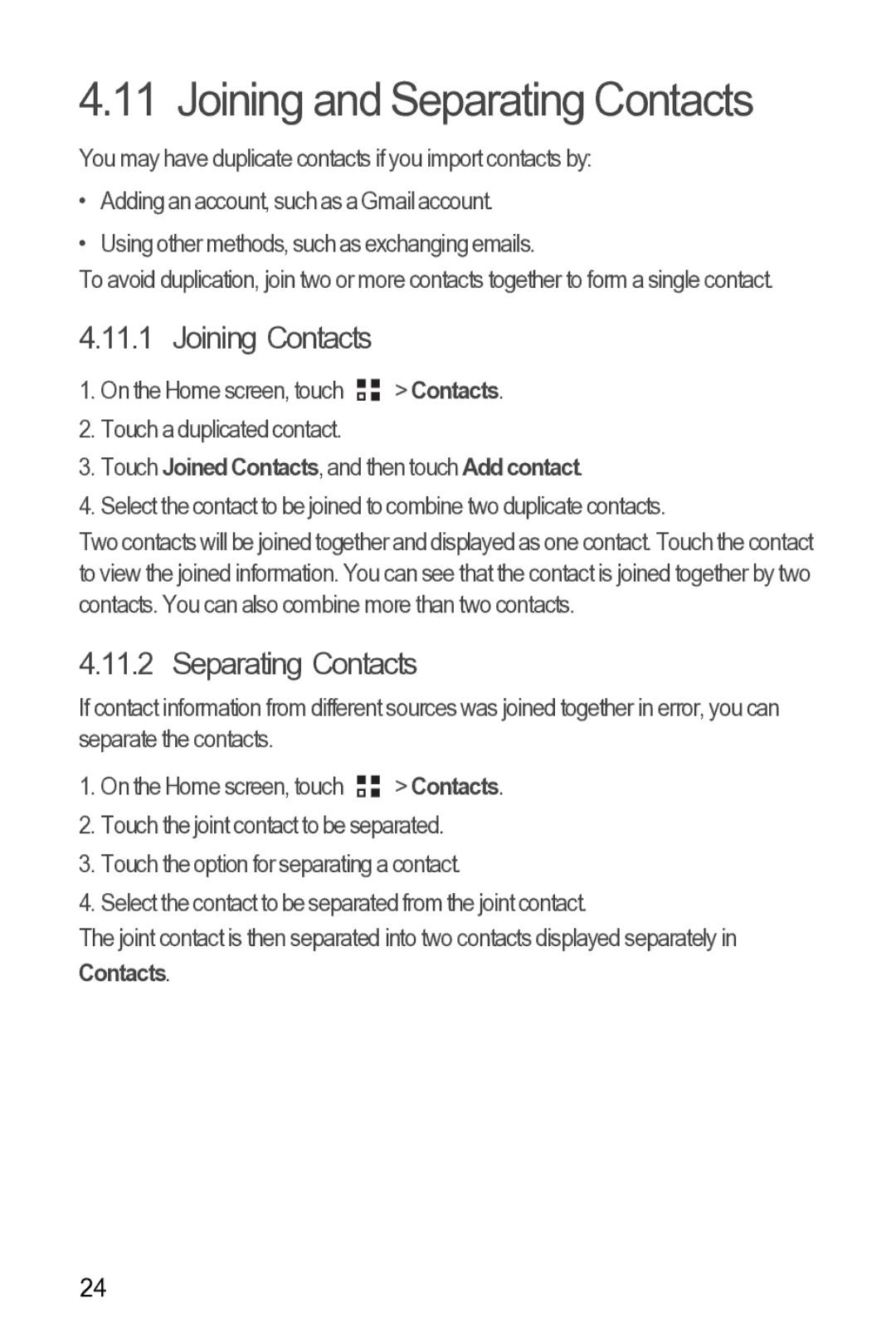 Huawei Y210 manual Joining and Separating Contacts, Joining Contacts, Touch Joined Contacts, and then touch Add contact 