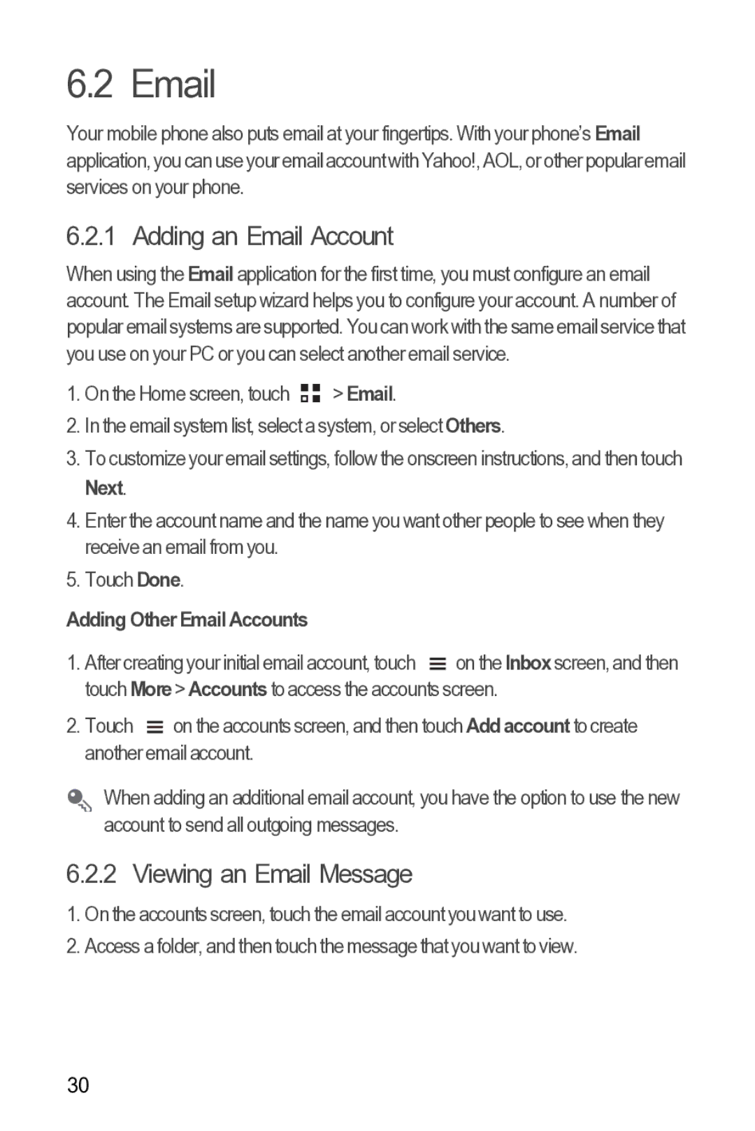 Huawei Y210 manual Adding an Email Account, Viewing an Email Message, Adding Other Email Accounts 