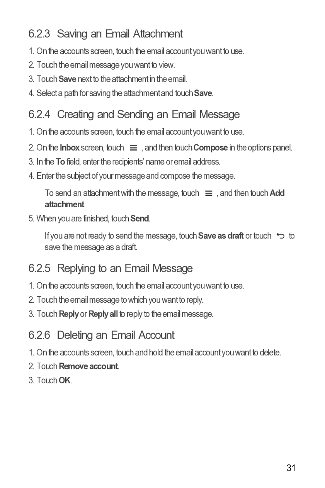 Huawei Y210 manual Saving an Email Attachment, Creating and Sending an Email Message, Replying to an Email Message 