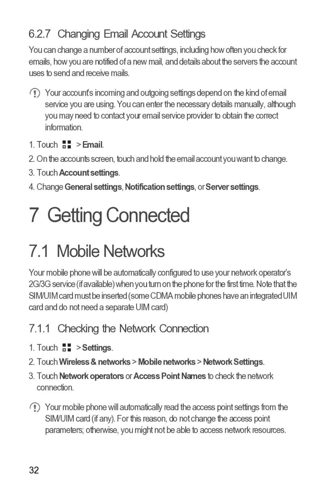 Huawei Y210 manual Getting Connected, Mobile Networks, Changing Email Account Settings, Checking the Network Connection 