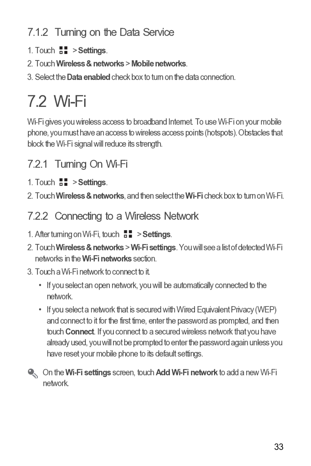 Huawei Y210 manual Turning on the Data Service, Turning On Wi-Fi, Connecting to a Wireless Network 