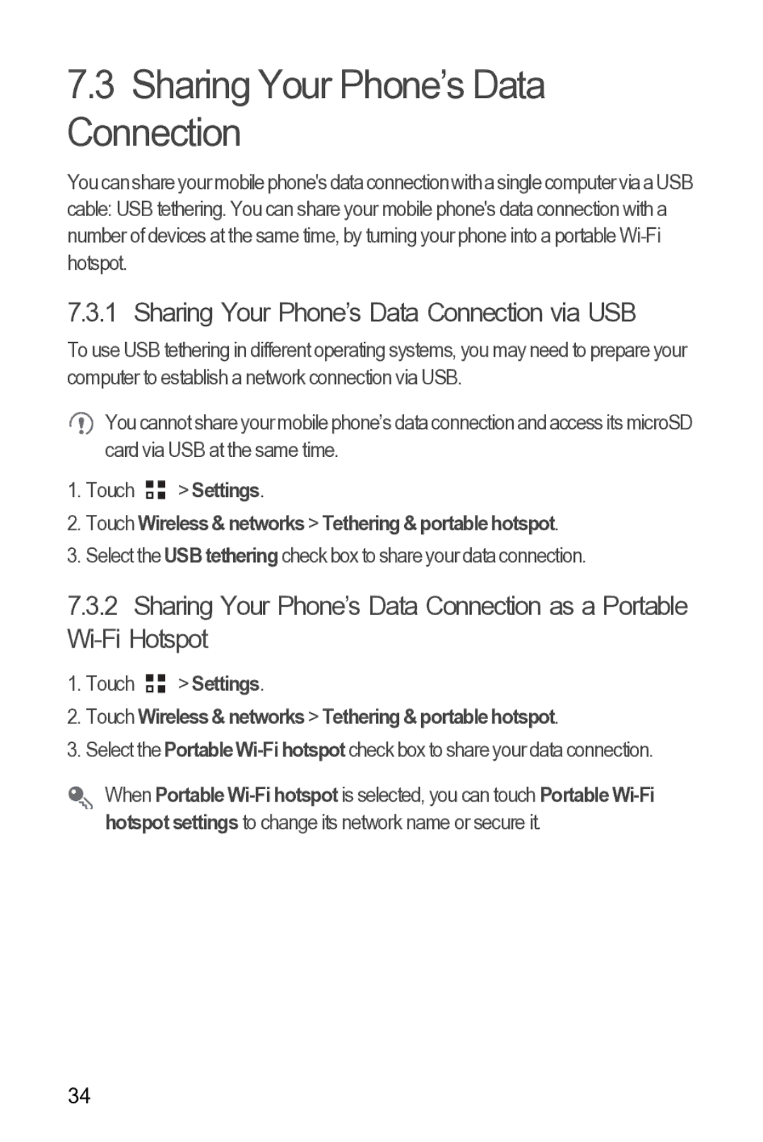 Huawei Y210 manual Sharing Your Phone’s Data Connection via USB, Touch Wireless & networks Tethering & portable hotspot 