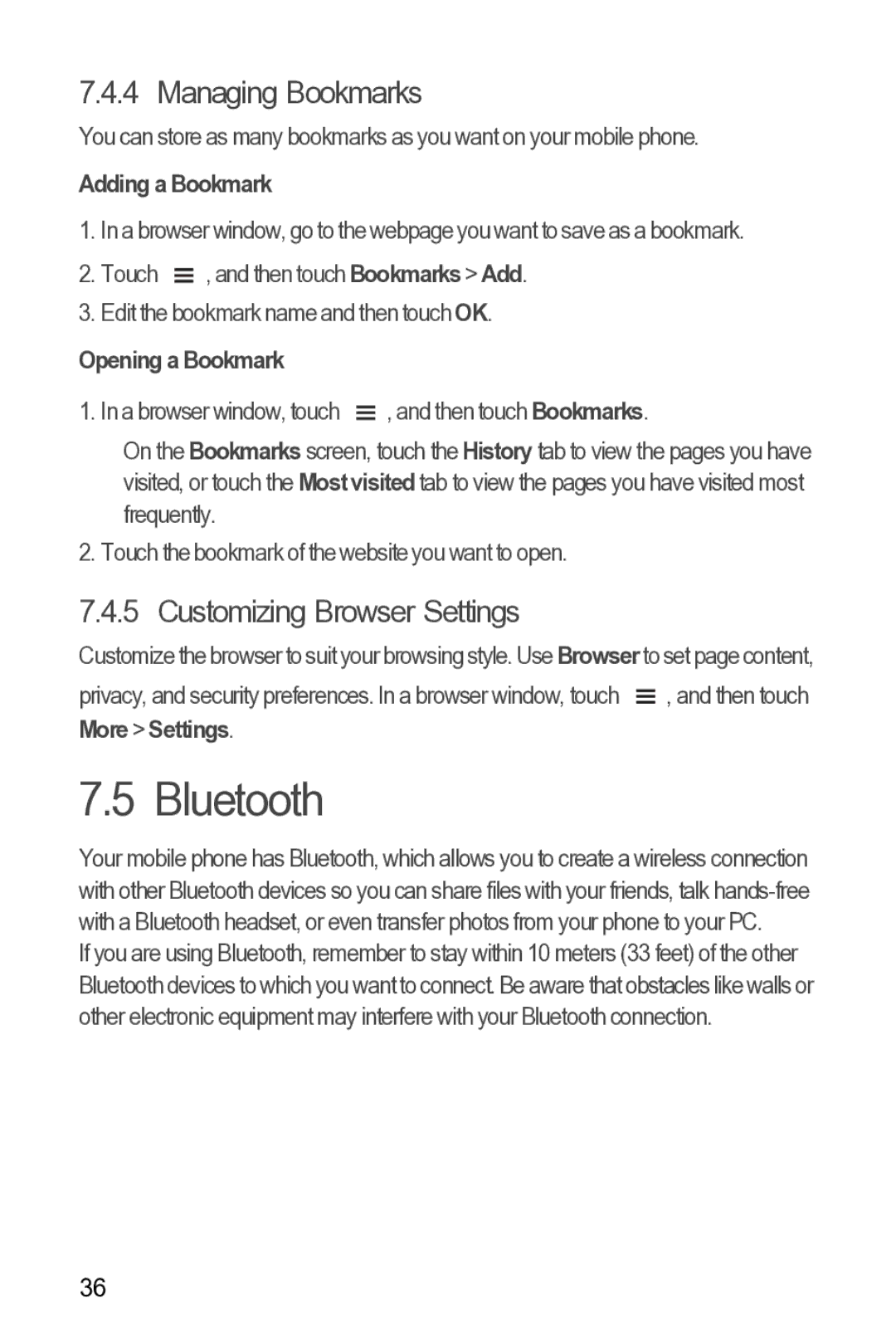 Huawei Y210 manual Bluetooth, Managing Bookmarks, Customizing Browser Settings 