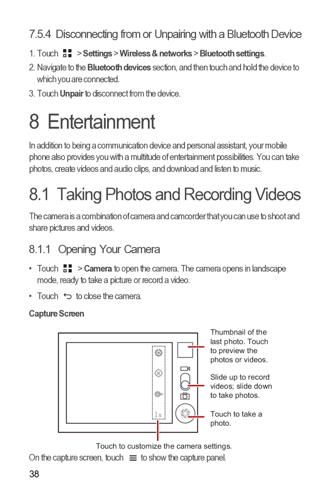 Huawei Y210 Entertainment, Opening Your Camera, Touch Settings Wireless & networks Bluetooth settings, Capture Screen 