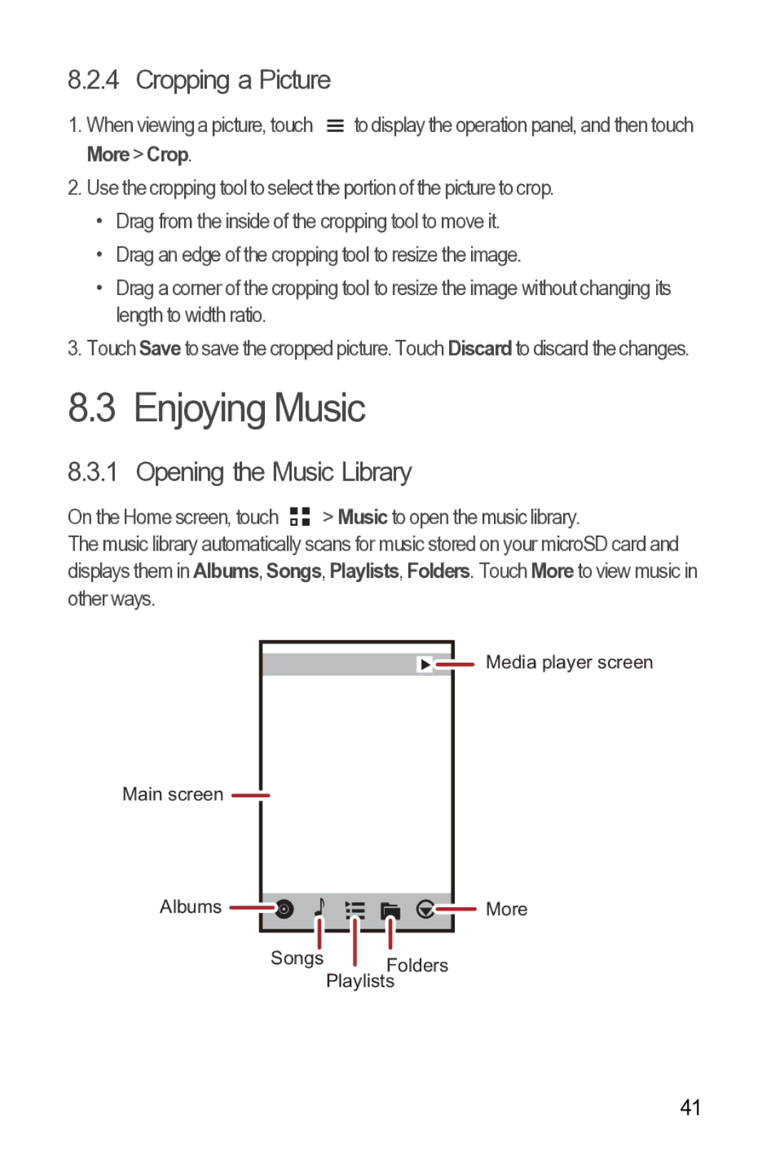 Huawei Y210 manual Enjoying Music, Cropping a Picture, Opening the Music Library, More Crop 