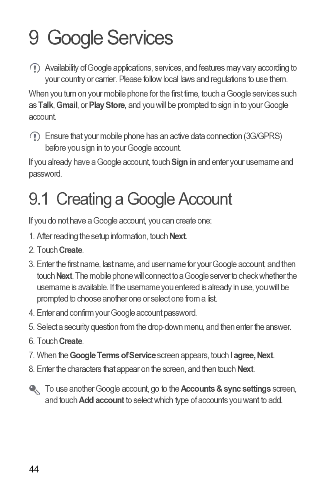 Huawei Y210 manual Google Services, Creating a Google Account 