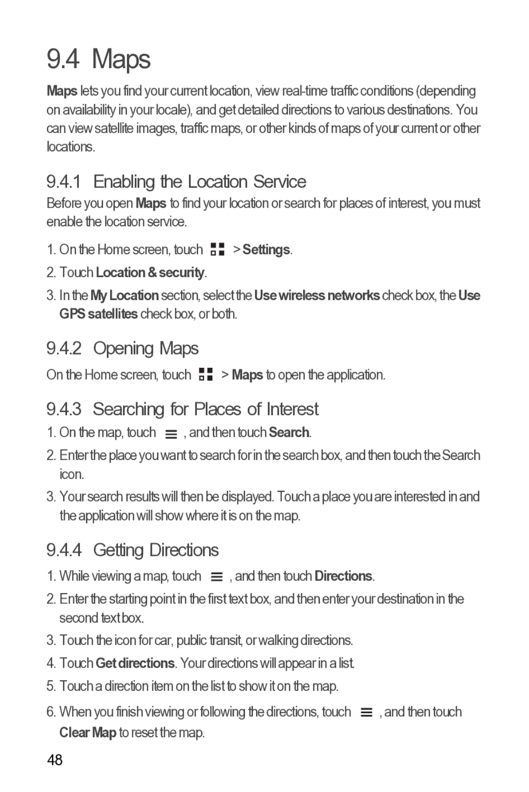 Huawei Y210 manual Enabling the Location Service, Opening Maps, Searching for Places of Interest, Getting Directions 