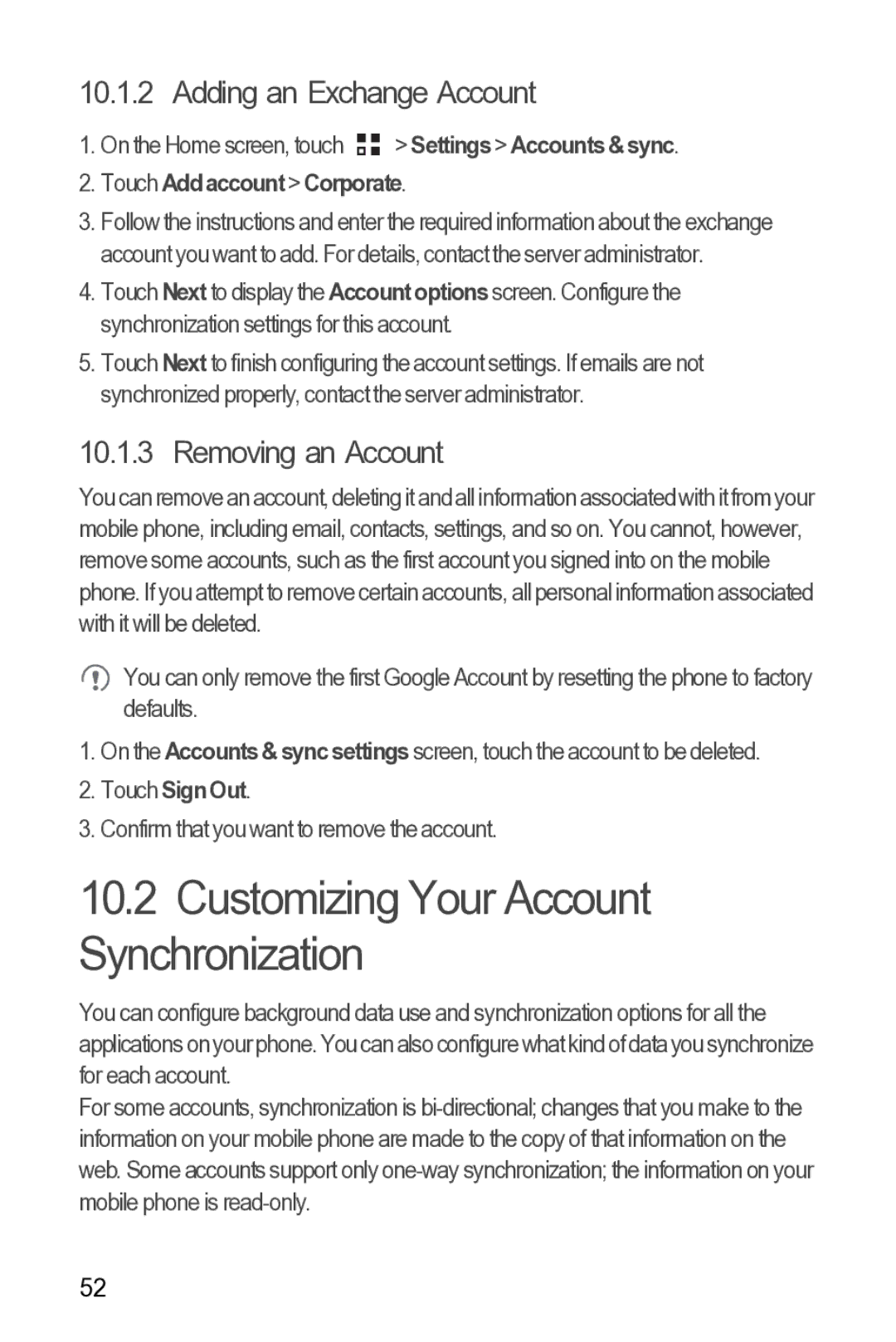 Huawei Y210 Customizing Your Account Synchronization, Adding an Exchange Account, Removing an Account, Touch Sign Out 