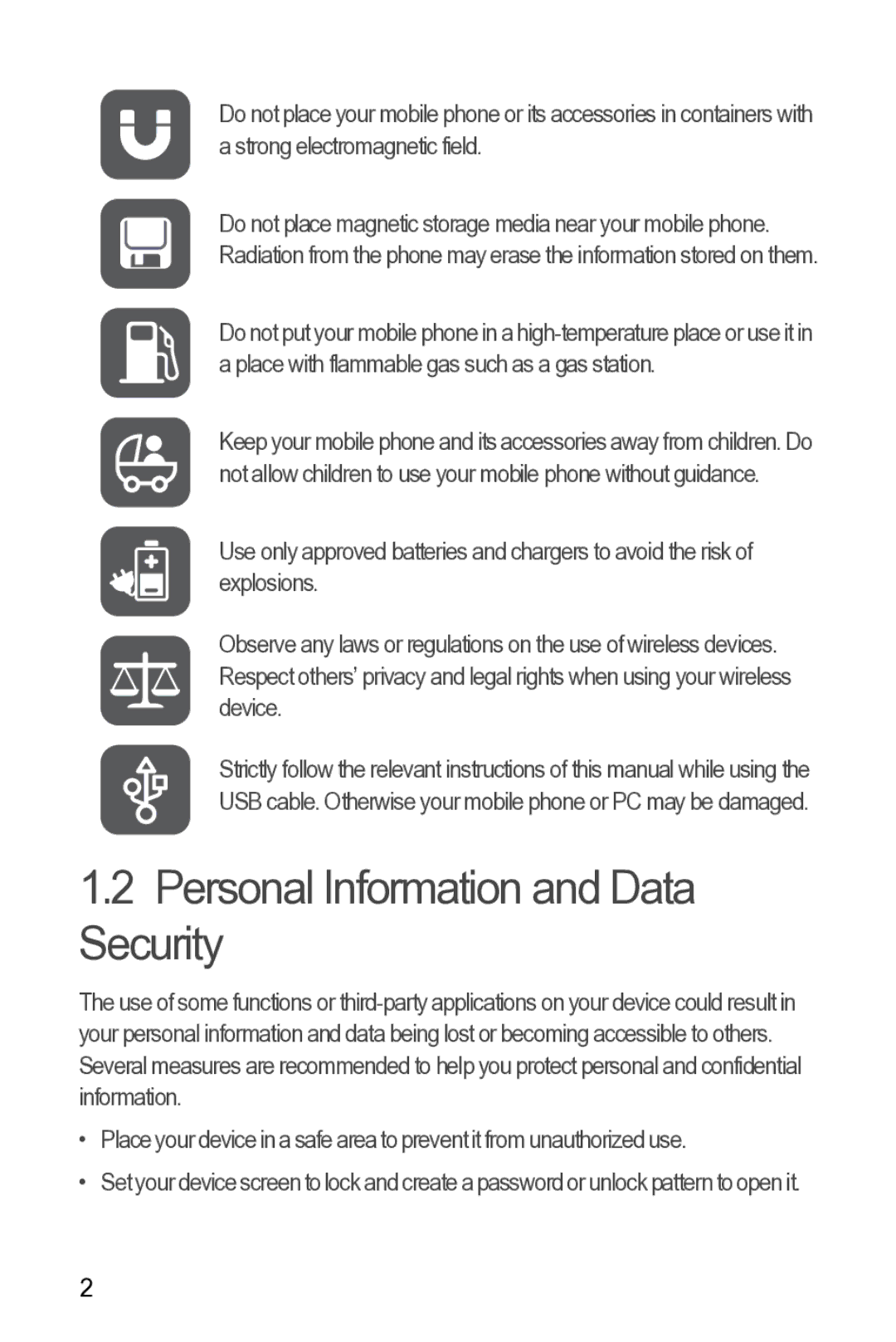 Huawei Y210 manual Personal Information and Data Security 