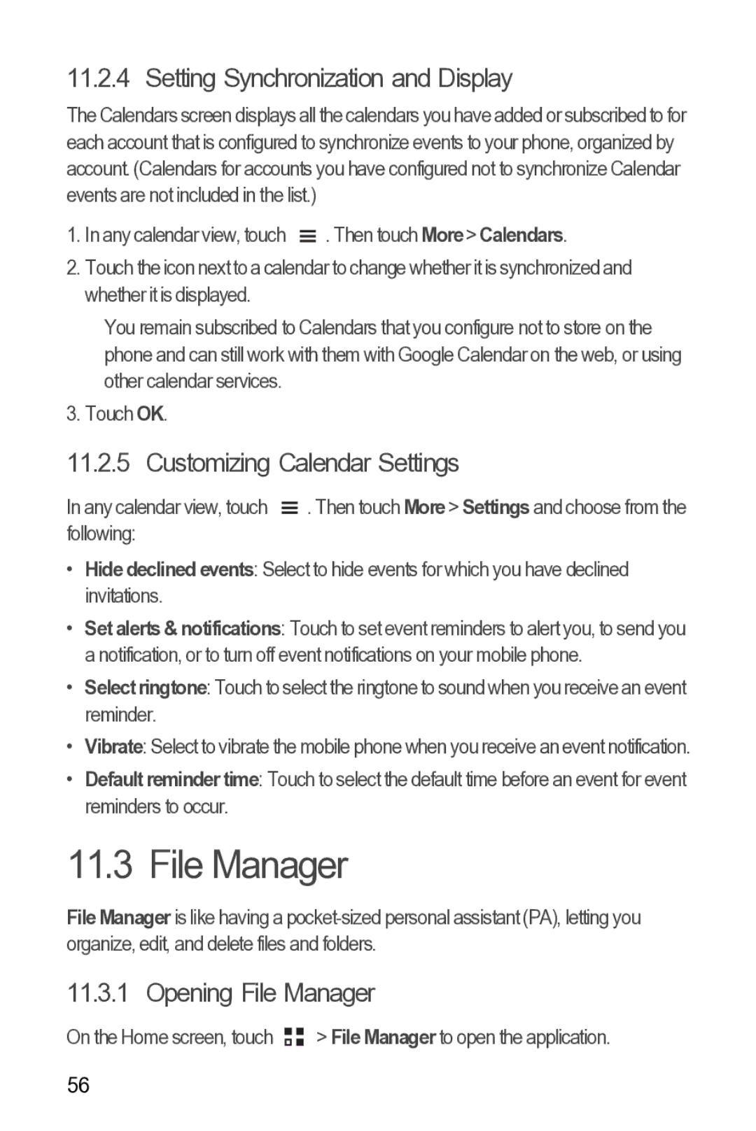 Huawei Y210 manual Setting Synchronization and Display, Customizing Calendar Settings, Opening File Manager 