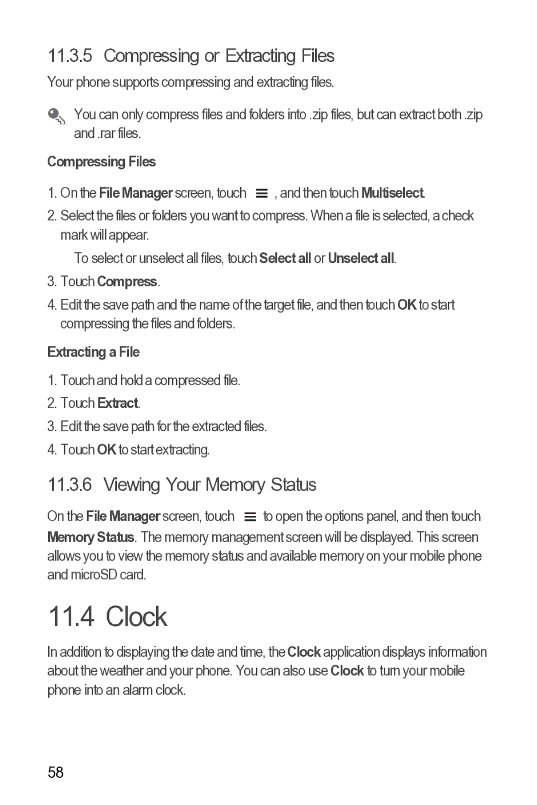 Huawei Y210 manual Clock, Compressing or Extracting Files, Viewing Your Memory Status 