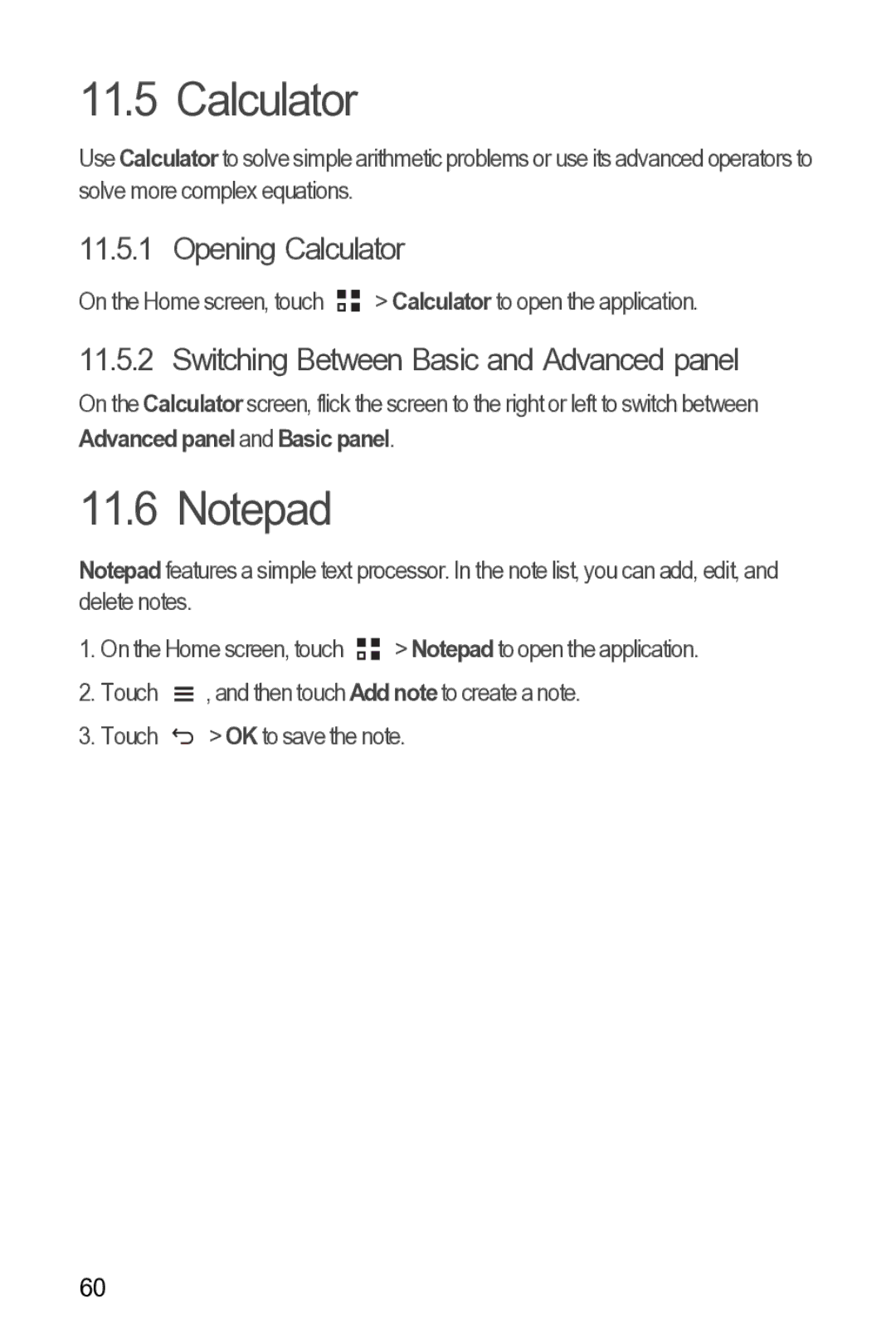 Huawei Y210 manual Opening Calculator, Switching Between Basic and Advanced panel 