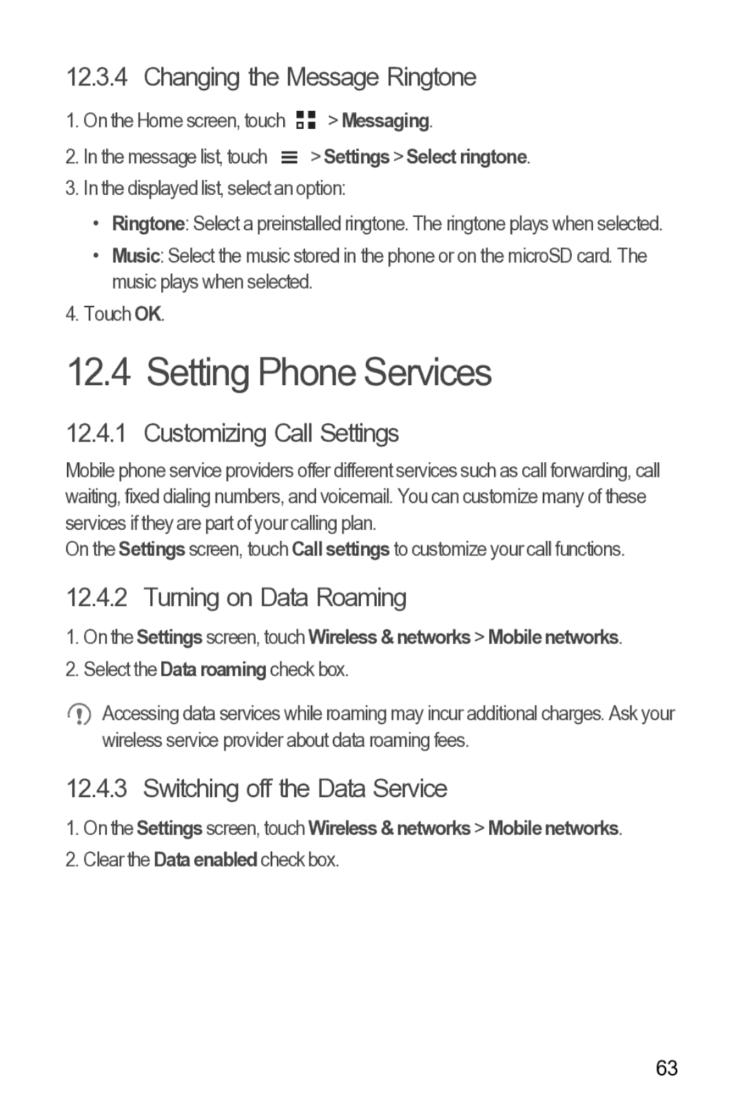 Huawei Y210 Setting Phone Services, Changing the Message Ringtone, Customizing Call Settings, Turning on Data Roaming 